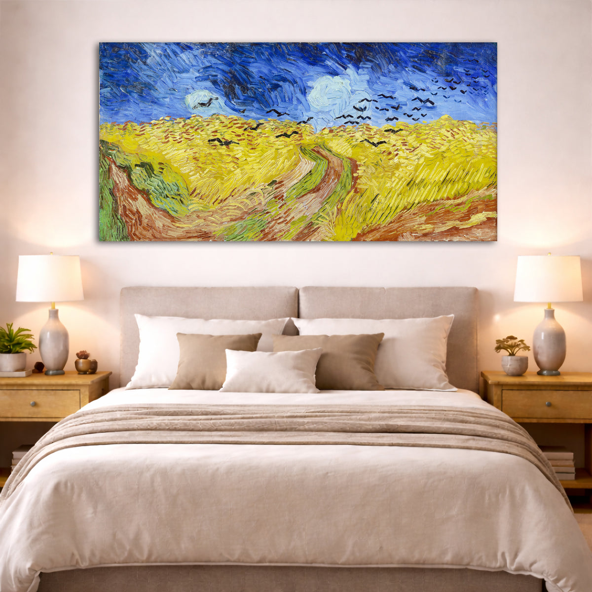 Vincent van Gogh - Wheatfield with Crows Giclée canvas print displayed above a bed in a bedroom interior