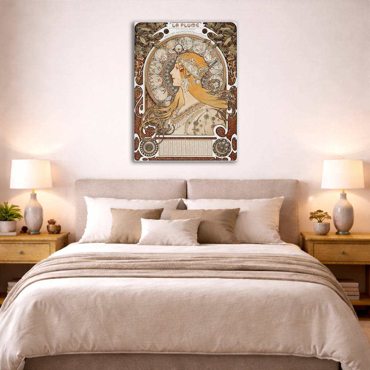 Alphonse Mucha - – La Plume Giclée canvas print displayed above a bed in a bedroom interior