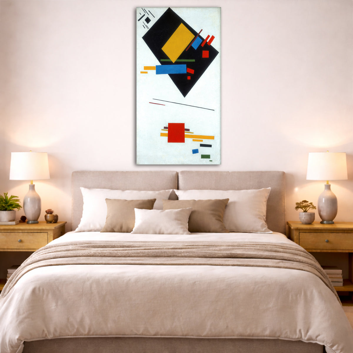 Kazimir Malevich - Suprematist Composition Giclée canvas print displayed above a bed in a bedroom interior