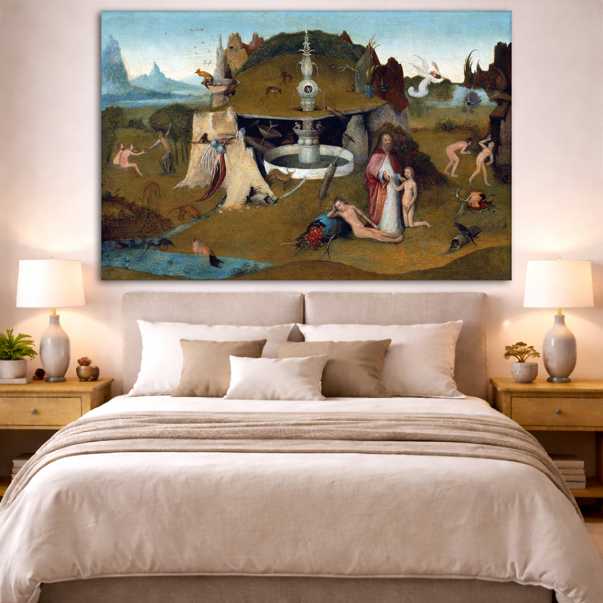 Hieronymus Bosch - Paradise Giclée canvas print displayed above a bed in a bedroom interior