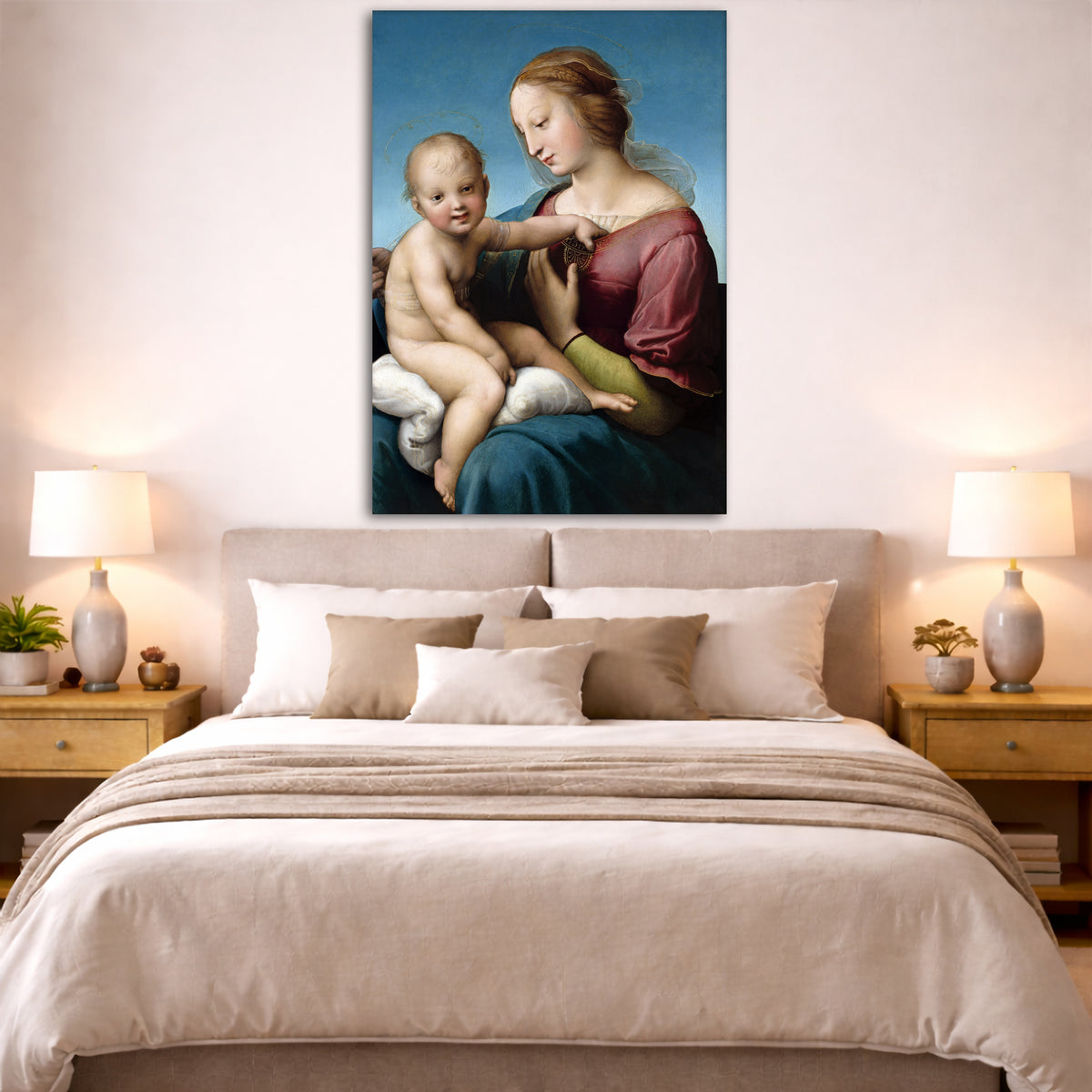 Raphael - Cowper Madonna Giclée canvas print displayed above a bed in a bedroom interior