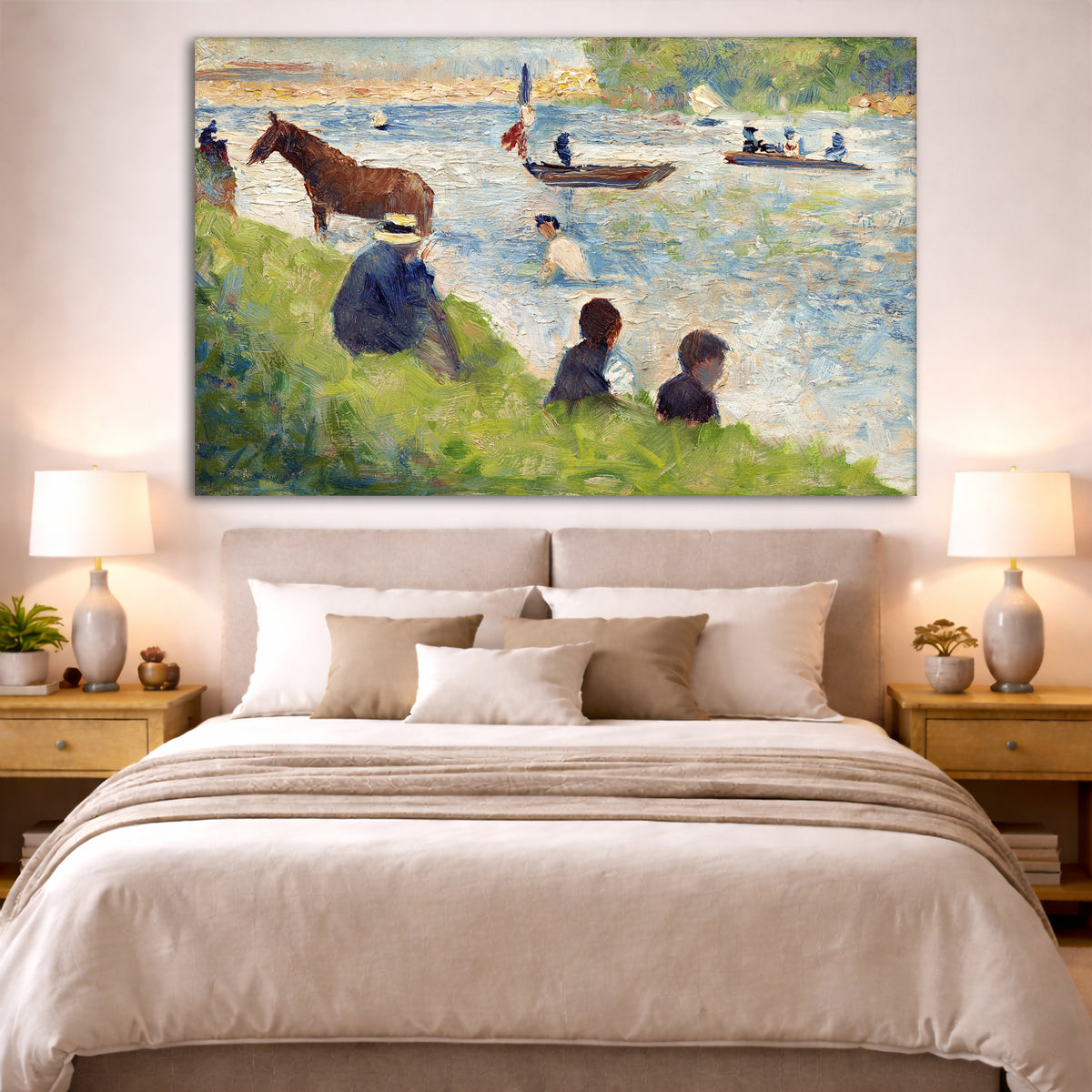 Georges Seurat - Horse and Boats Giclée canvas print displayed above a bed in a bedroom interior