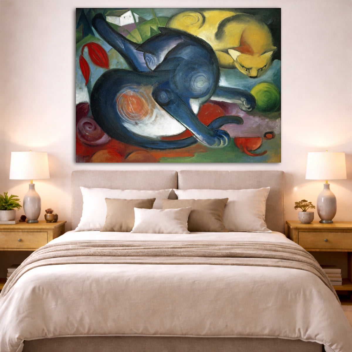 Franz Marc - Two Cats Blue Yellow Giclée canvas print displayed above a bed in a bedroom interior