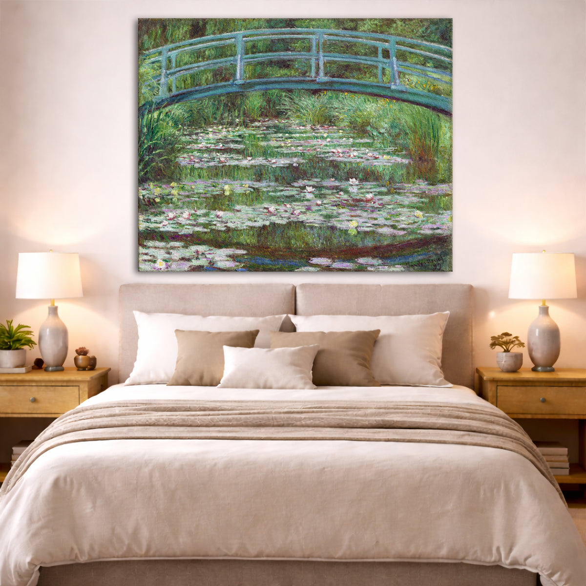 Claude Monet - Japanese Bridge Giclée canvas print displayed above a bed in a bedroom interior