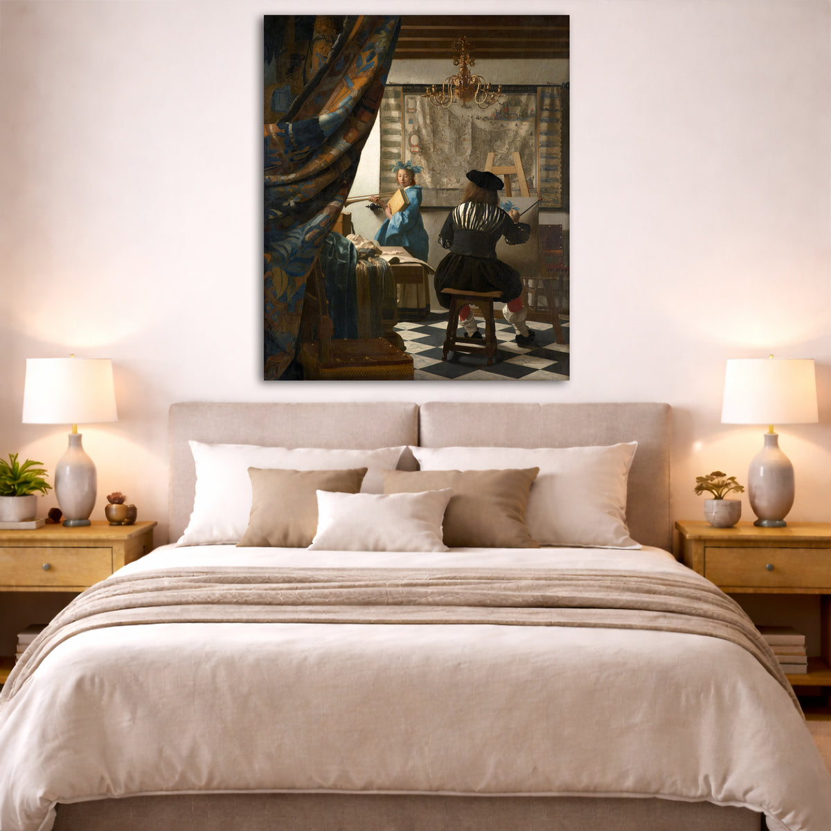 Jan Vermeer - The Art of Painting Giclée canvas print displayed above a bed in a bedroom interior