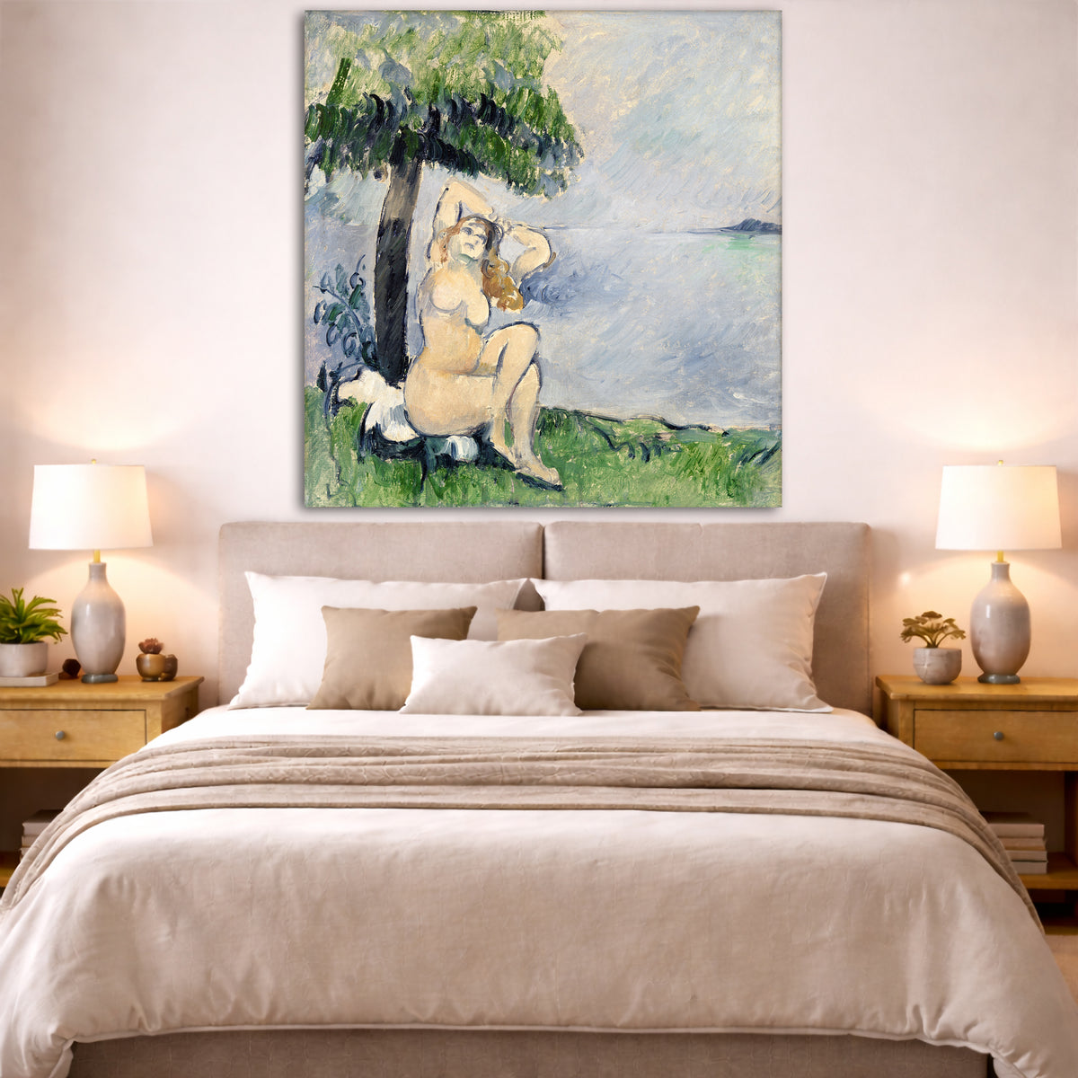 Paul Cézanne - Bather at the Seashore Giclée canvas print displayed above a bed in a bedroom interior