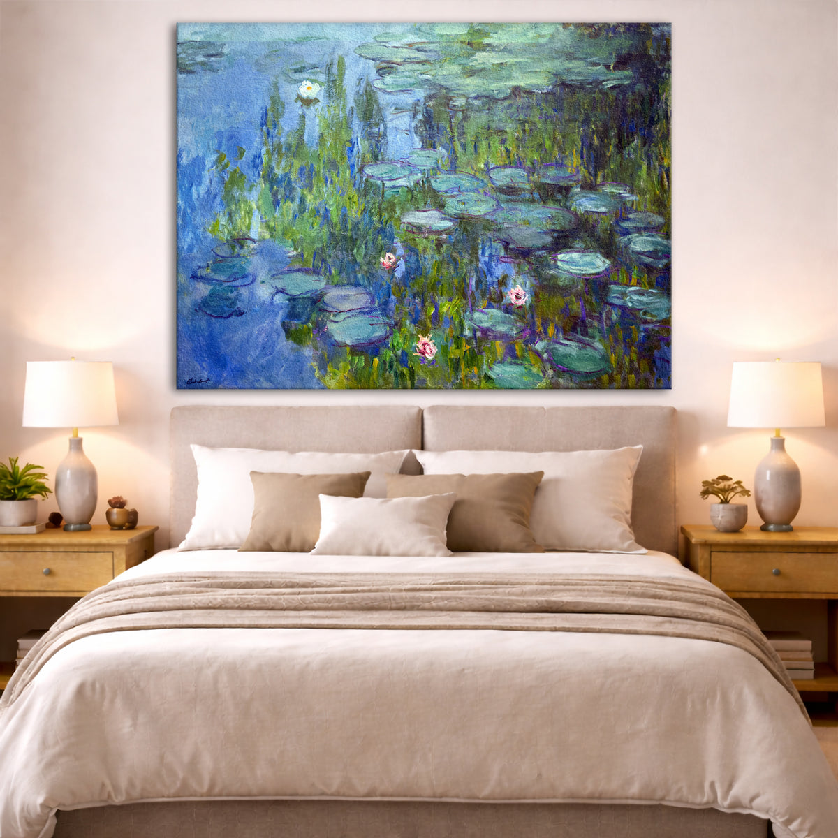 Claude Monet - Water Lilies Giclée canvas print displayed above a bed in a bedroom interior