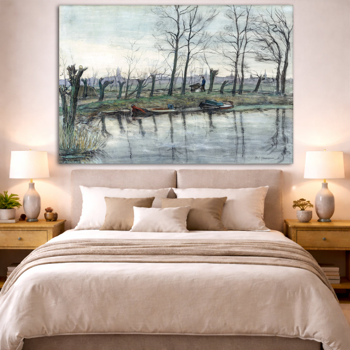 Piet Mondrian - Amsterdam Skyline Giclée canvas print displayed above a bed in a bedroom interior