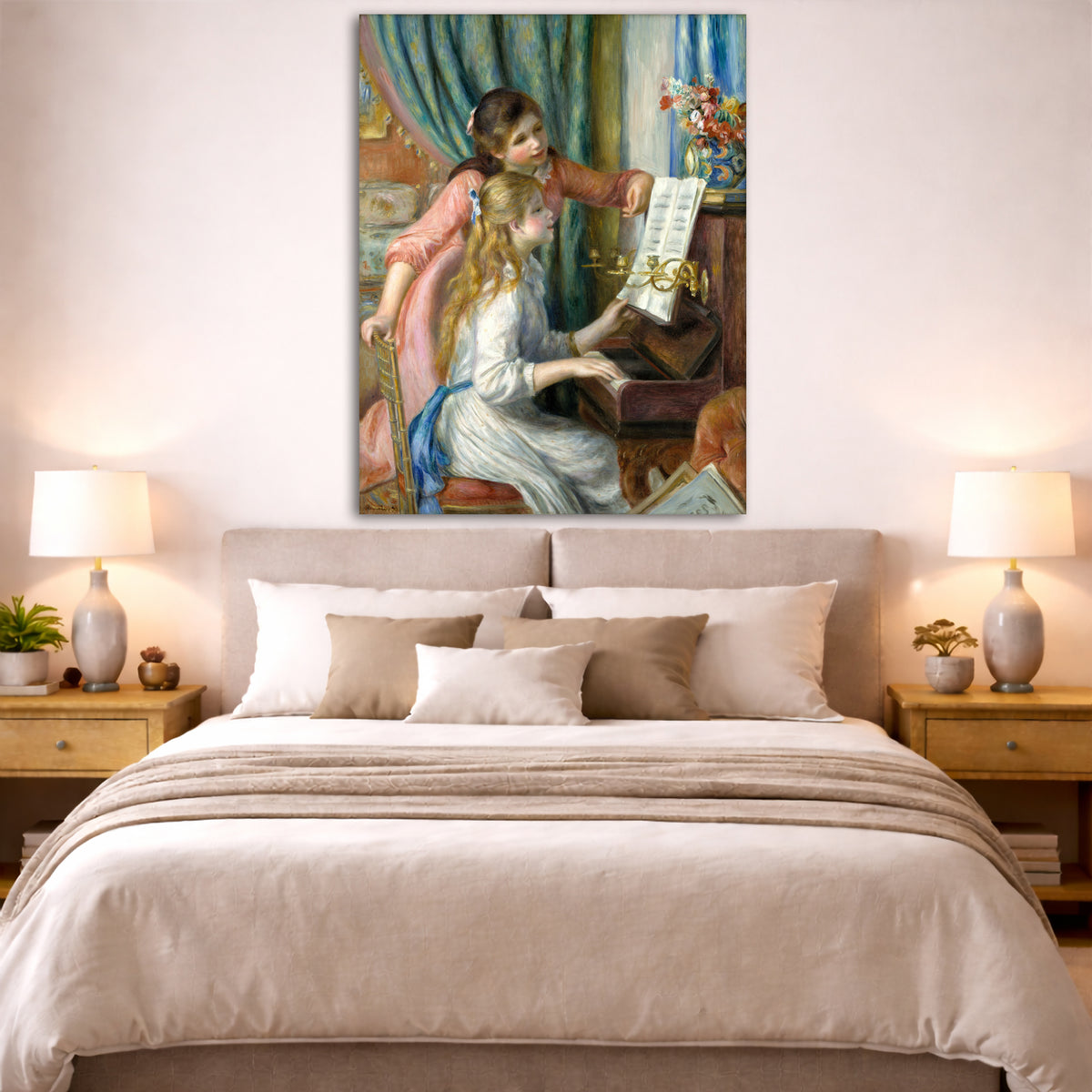 Pierre-Auguste Renoir - Girls at the Piano Giclée canvas print displayed above a bed in a bedroom interior