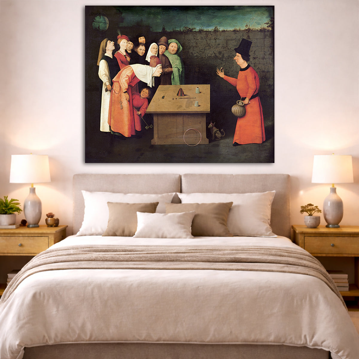 Hieronymus Bosch - The Conjurer Giclée canvas print displayed above a bed in a bedroom interior