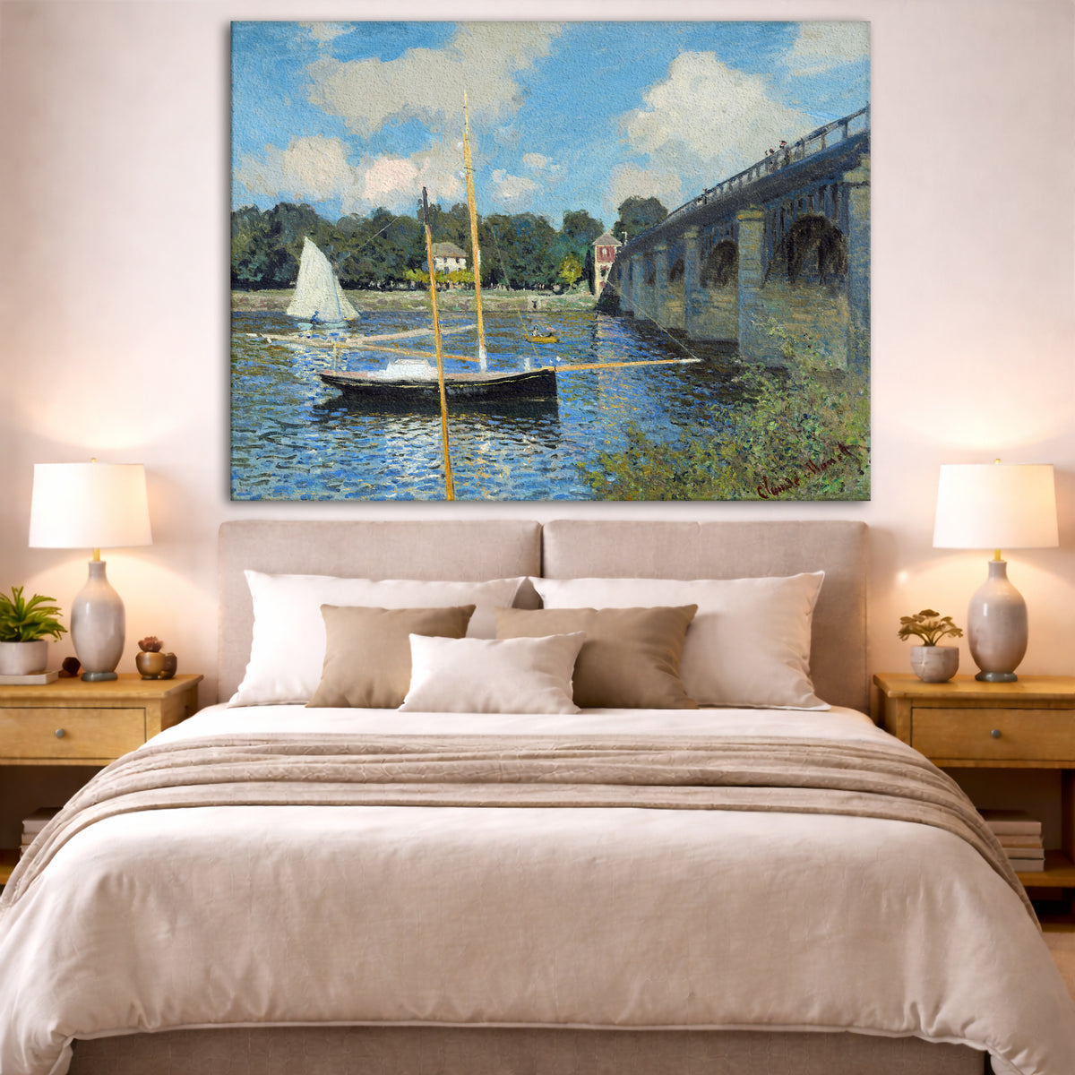 Claude Monet - Bridge at Argenteuil Giclée canvas print displayed above a bed in a bedroom interior