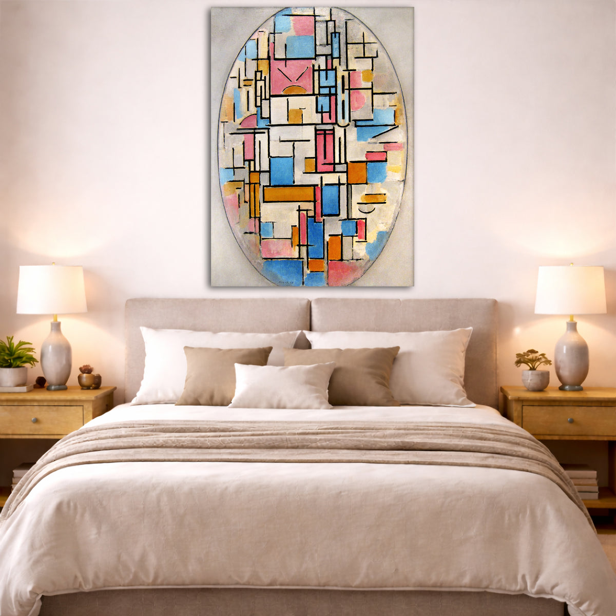 Piet Mondrian - Composition in Oval with Color Planes 1 Giclée canvas print displayed above a bed in a bedroom interior