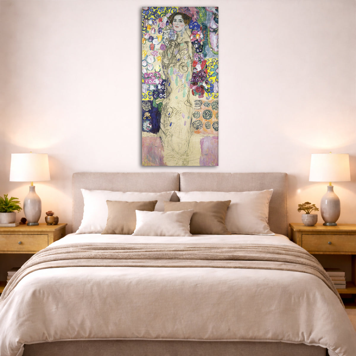 Gustav Klimt - Maria Munk Giclée canvas print displayed above a bed in a bedroom interior