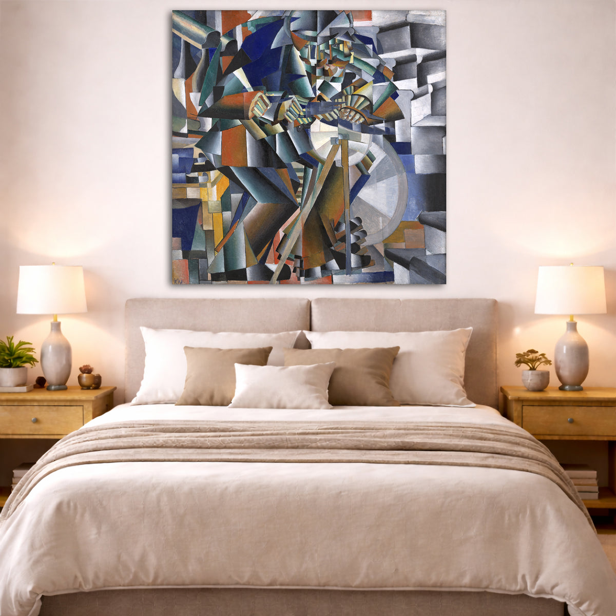 Kazimir Malevich - The Knife Grinder Giclée canvas print displayed above a bed in a bedroom interior