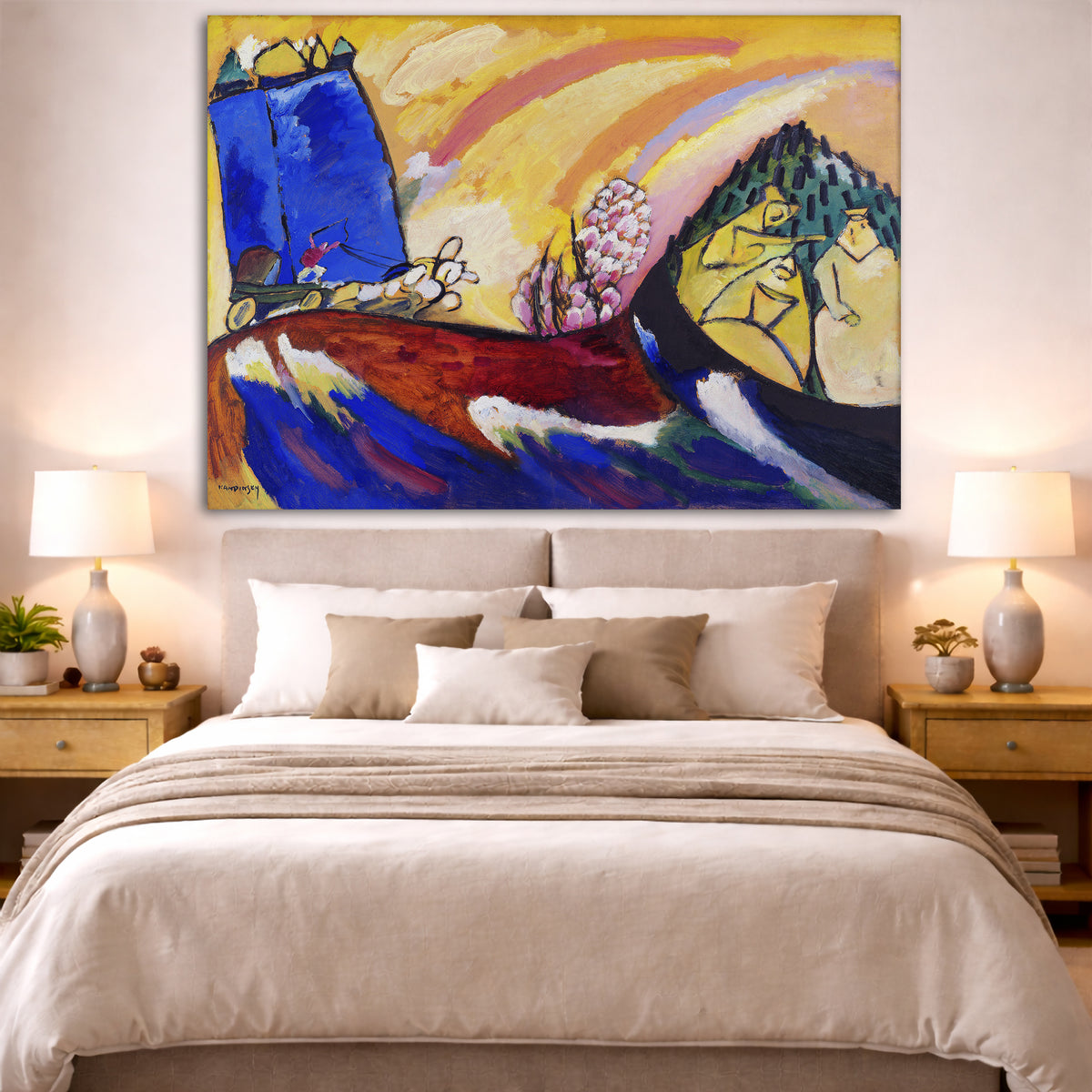 Wassily Kandinsky - Painting with Troika Giclée canvas print displayed above a bed in a bedroom interior