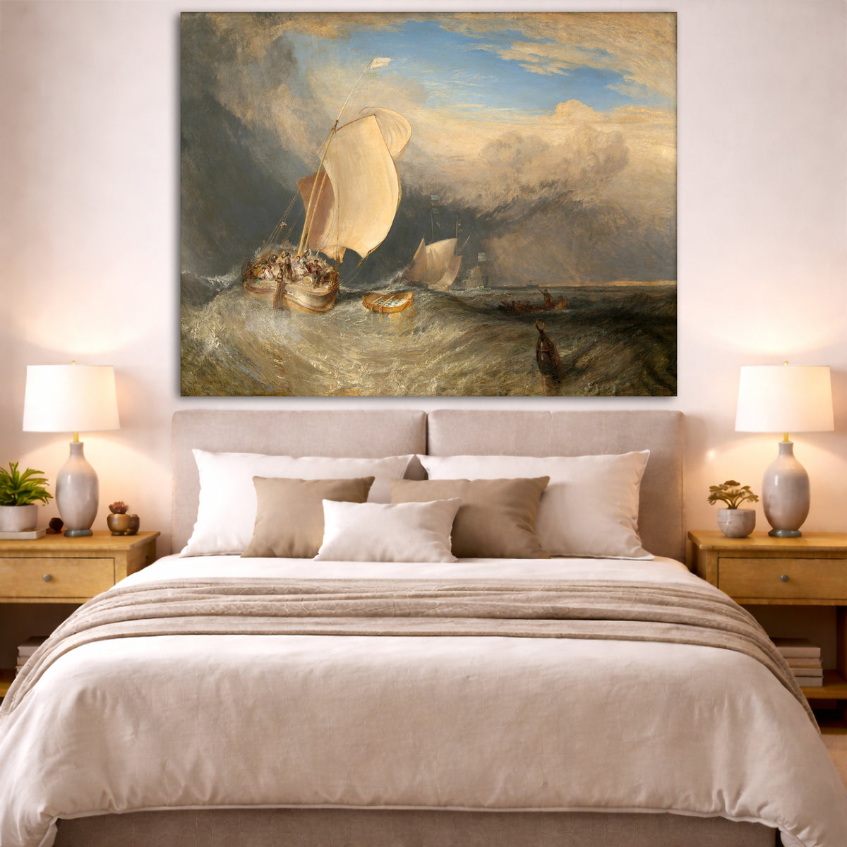 William Turner - Fishing Boats with Hucksters Giclée canvas print displayed above a bed in a bedroom interior
