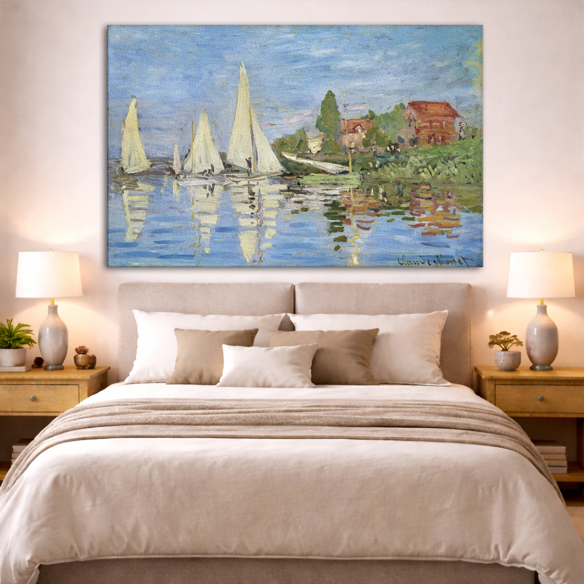 Claude Monet - Regatta at Argenteuil Giclée canvas print displayed above a bed in a bedroom interior