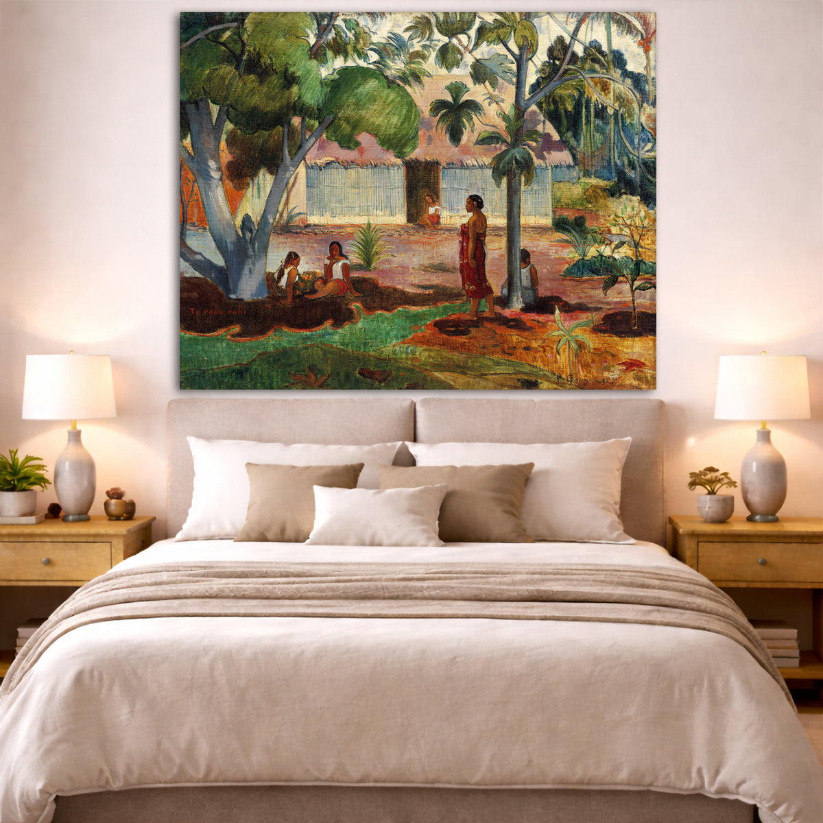 Paul Gauguin - The Big Tree Giclée canvas print displayed above a bed in a bedroom interior