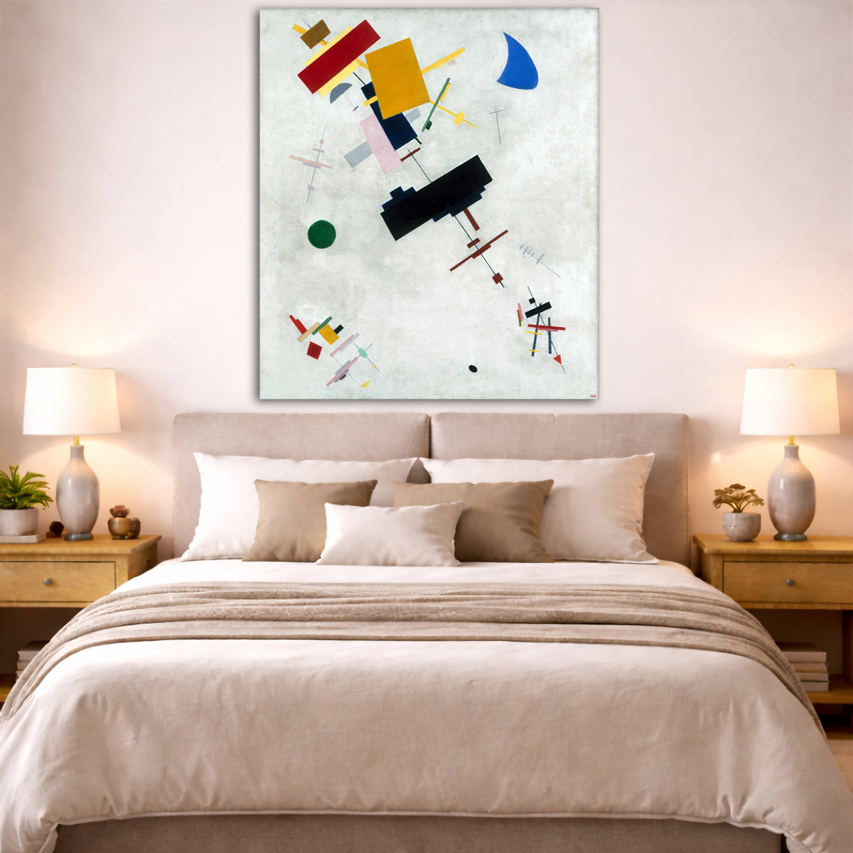 Kazimir Malevich - Suprematism Giclée canvas print displayed above a bed in a bedroom interior