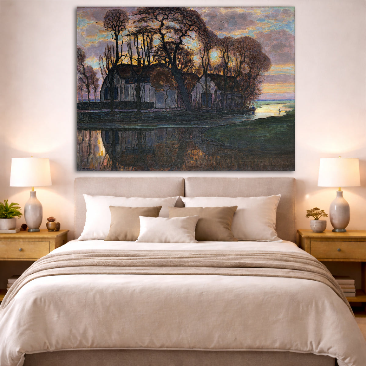 Piet Mondrian - Farm Near Duivendrecht Giclée canvas print displayed above a bed in a bedroom interior