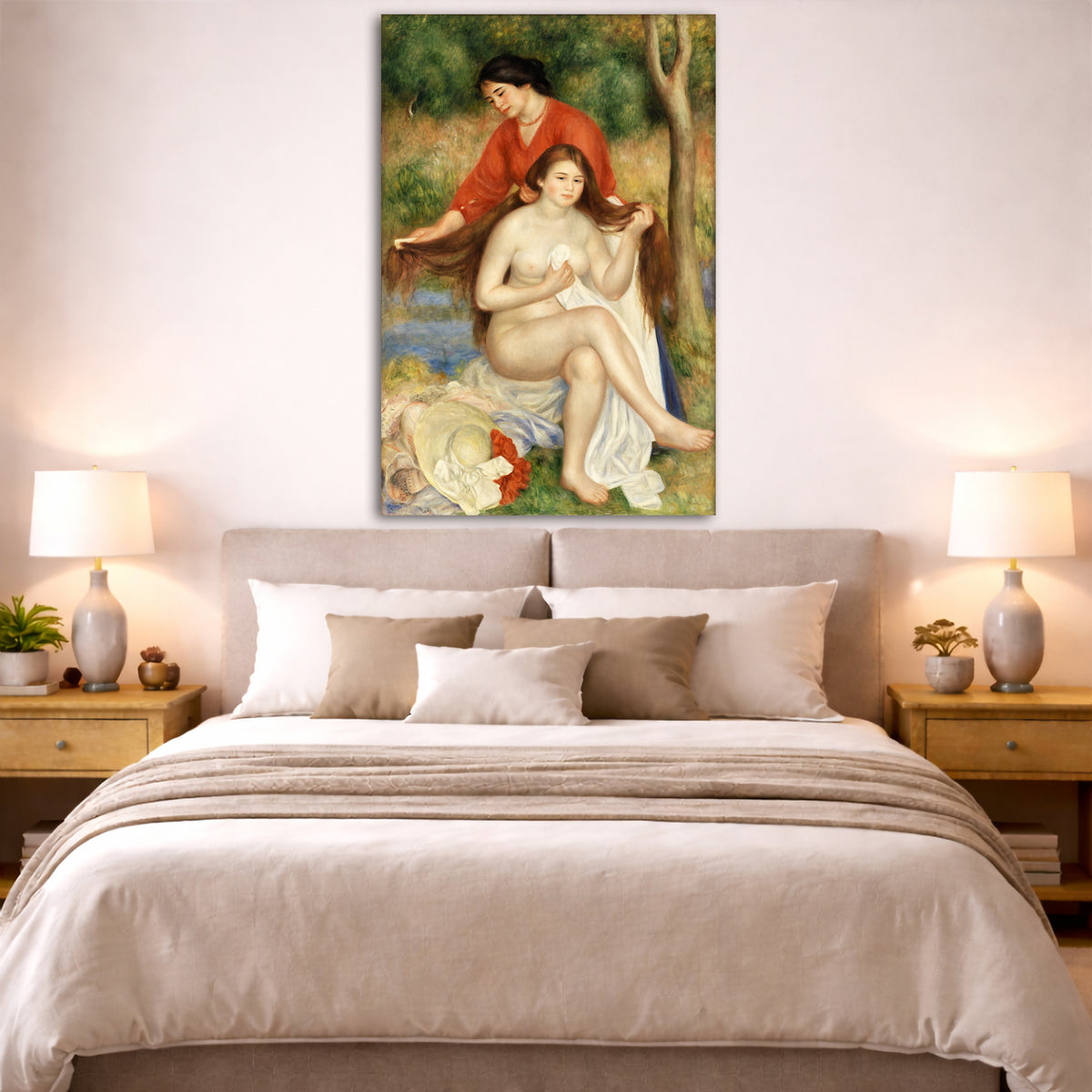 Pierre-Auguste Renoir - Bather and Maid Giclée canvas print displayed above a bed in a bedroom interior