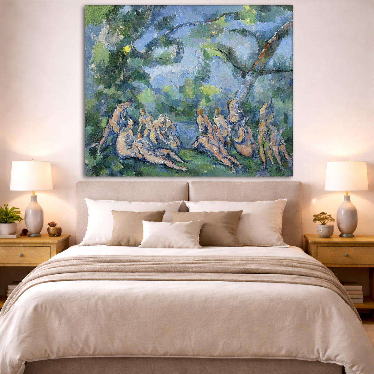 Paul Cézanne - The Bathers Giclée canvas print displayed above a bed in a bedroom interior