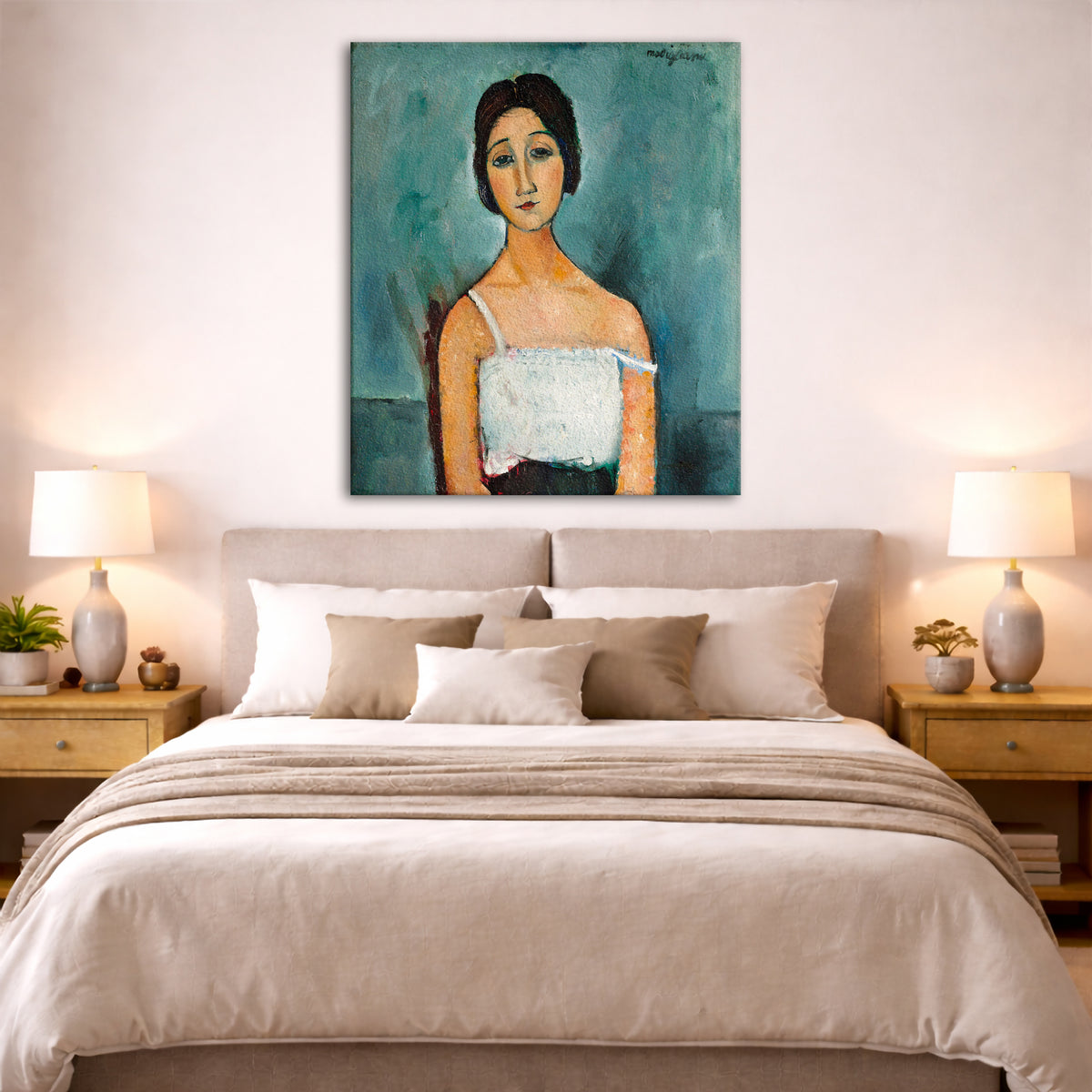 Amedeo Modigliani - Christina Giclée canvas print displayed above a bed in a bedroom interior