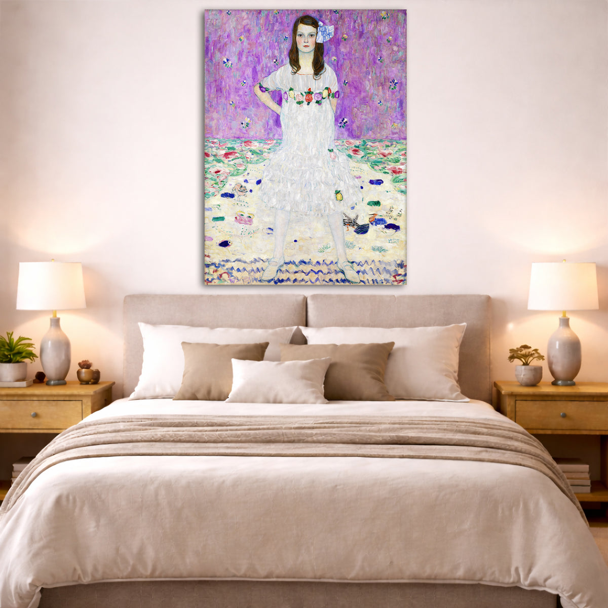 Gustav Klimt - Mada Primavesi Giclée canvas print displayed above a bed in a bedroom interior