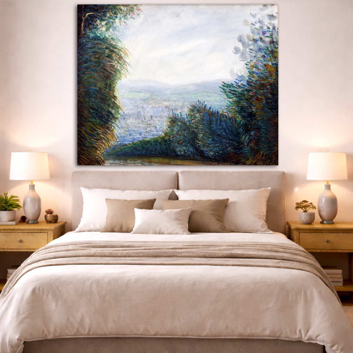 Pierre-Auguste Renoir - Valley of Auvers Oise River Giclée canvas print displayed above a bed in a bedroom interior