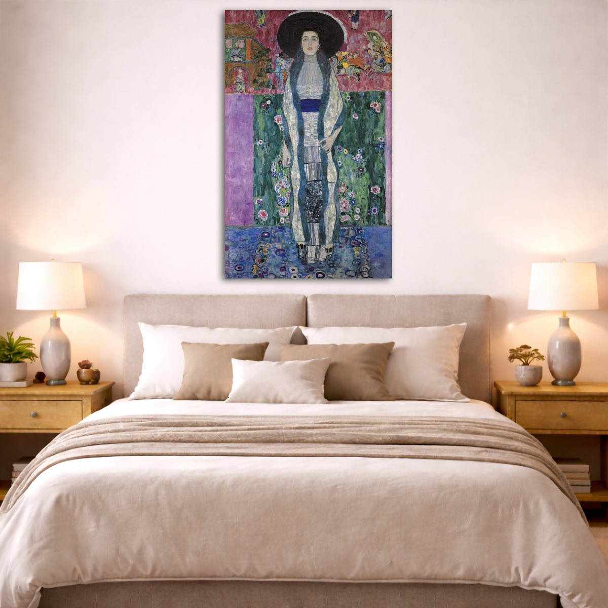 Gustav Klimt - Bloch Bauer II Giclée canvas print displayed above a bed in a bedroom interior