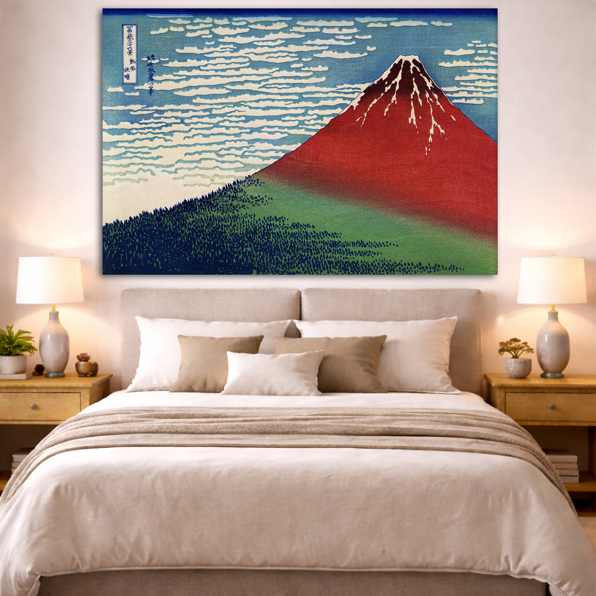 Katsushika Hokusai - Red Fuji Giclée canvas print displayed above a bed in a bedroom interior