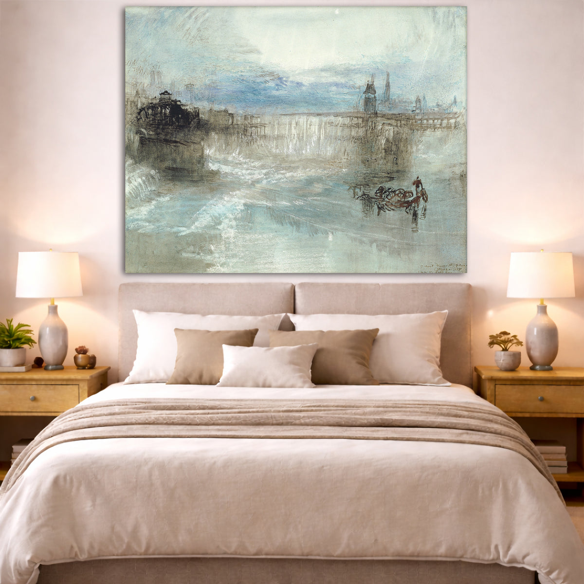 William Turner - The Lake of Lucerne Giclée canvas print displayed above a bed in a bedroom interior