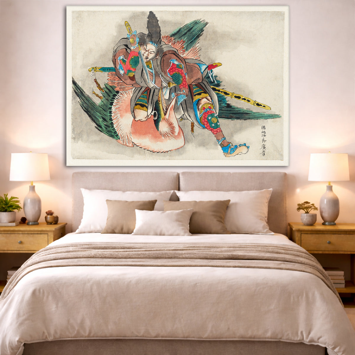 Katsushika Hokusai - Okijiro Hironari Giclée canvas print displayed above a bed in a bedroom interior