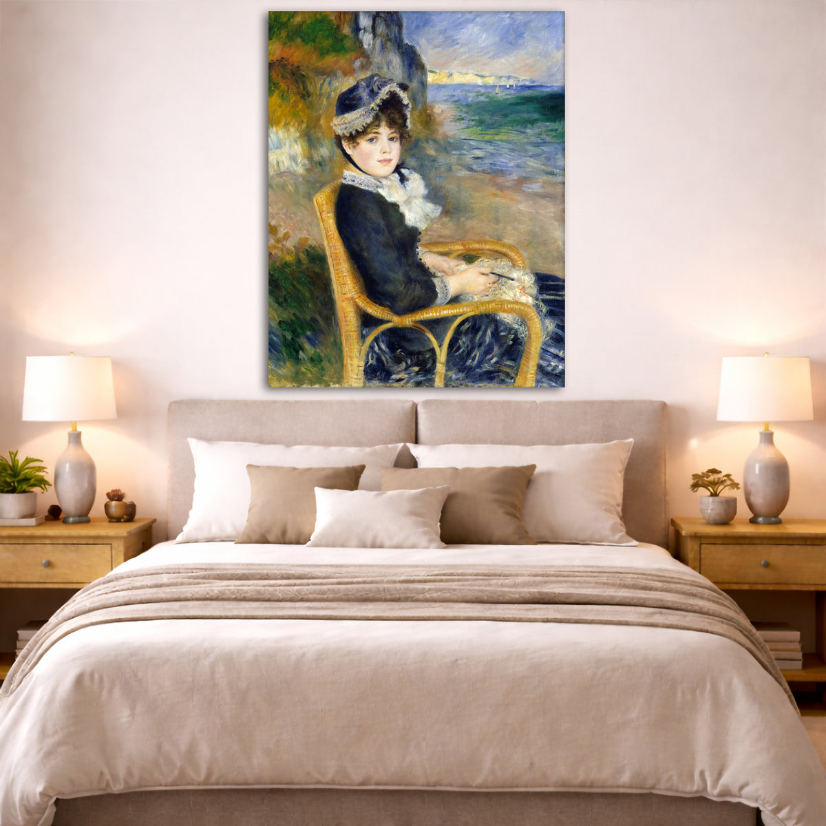 Pierre-Auguste Renoir - By the Seashore Giclée canvas print displayed above a bed in a bedroom interior