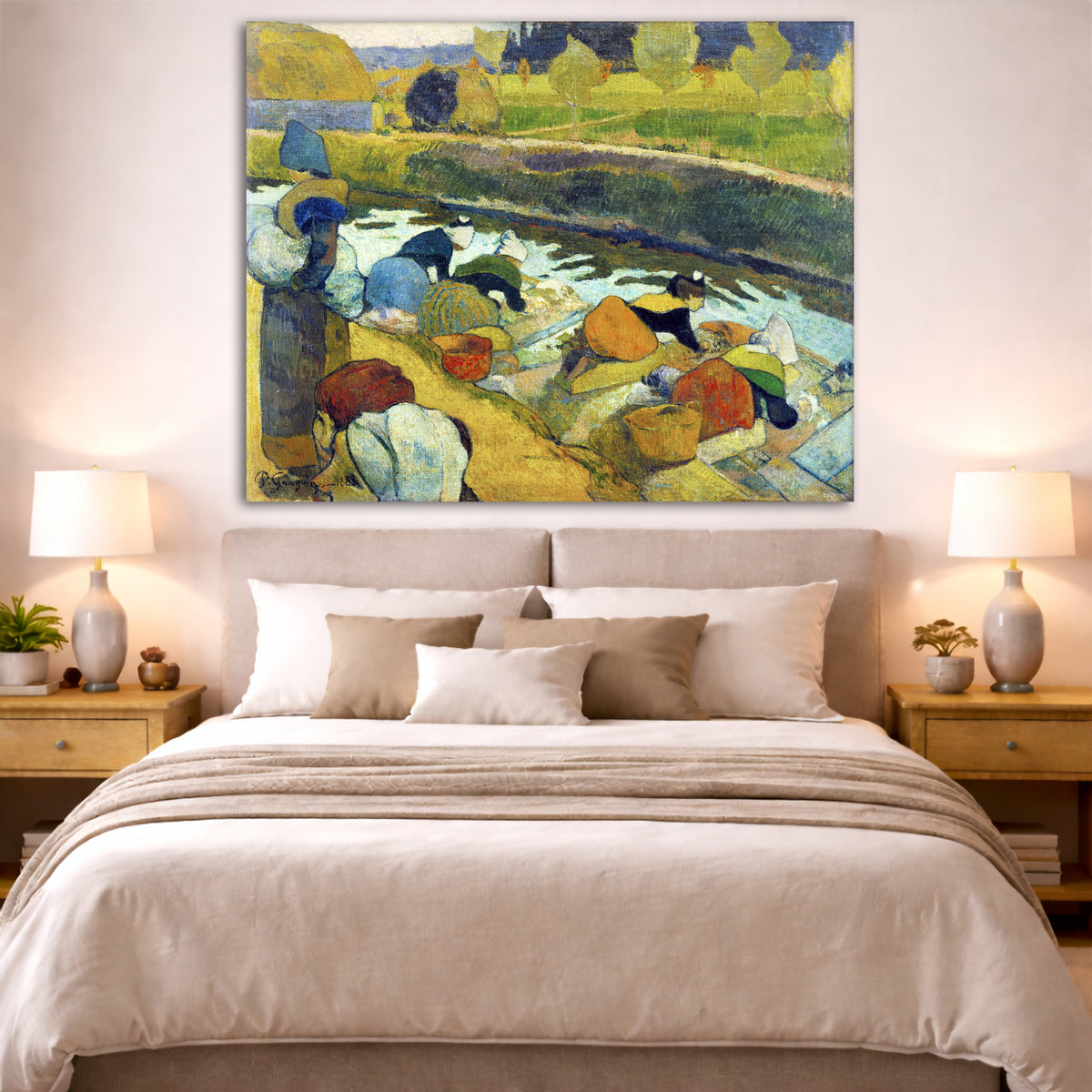 Paul Gauguin - The Washerwomen Giclée canvas print displayed above a bed in a bedroom interior