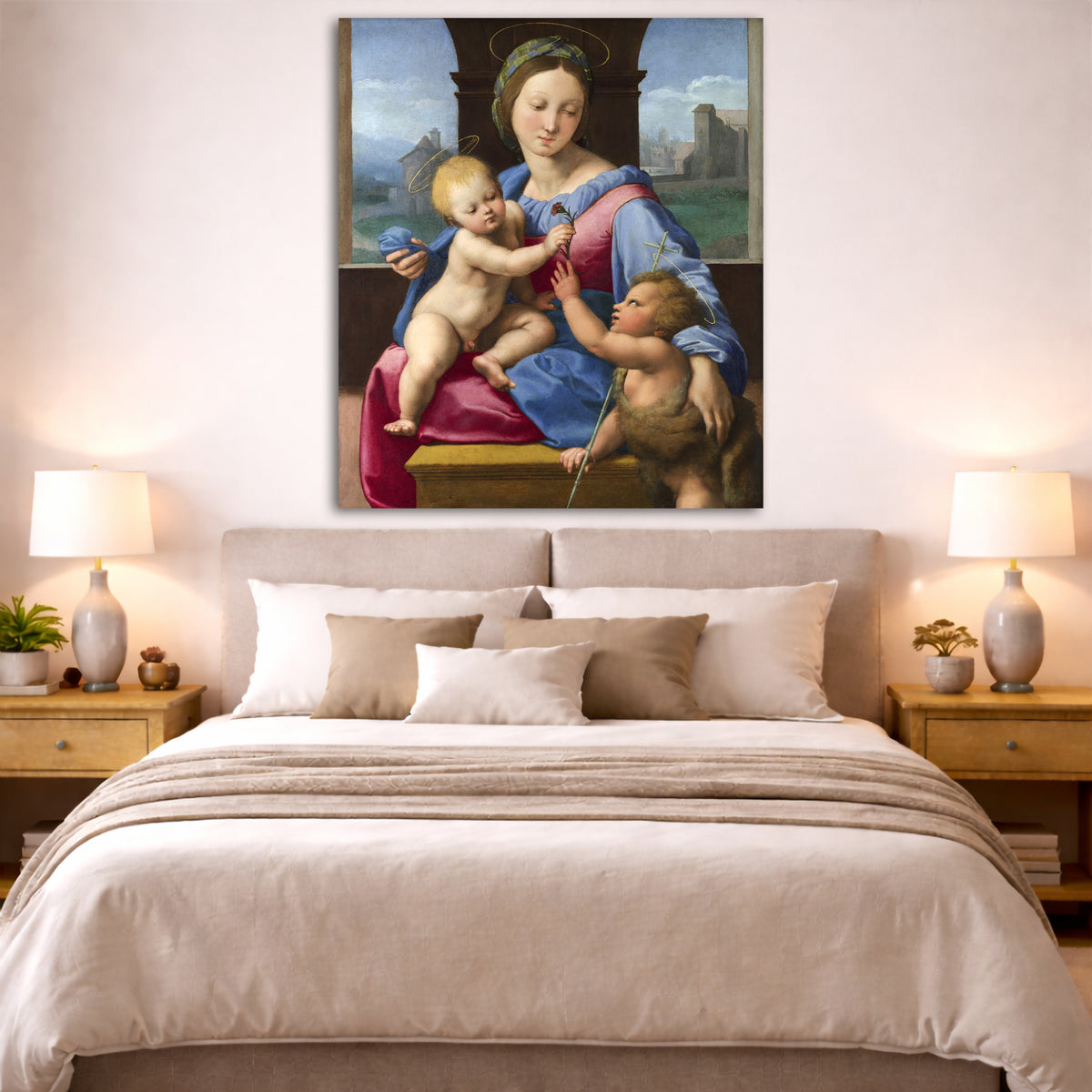 Raphael - Madonna and Child Giclée canvas print displayed above a bed in a bedroom interior
