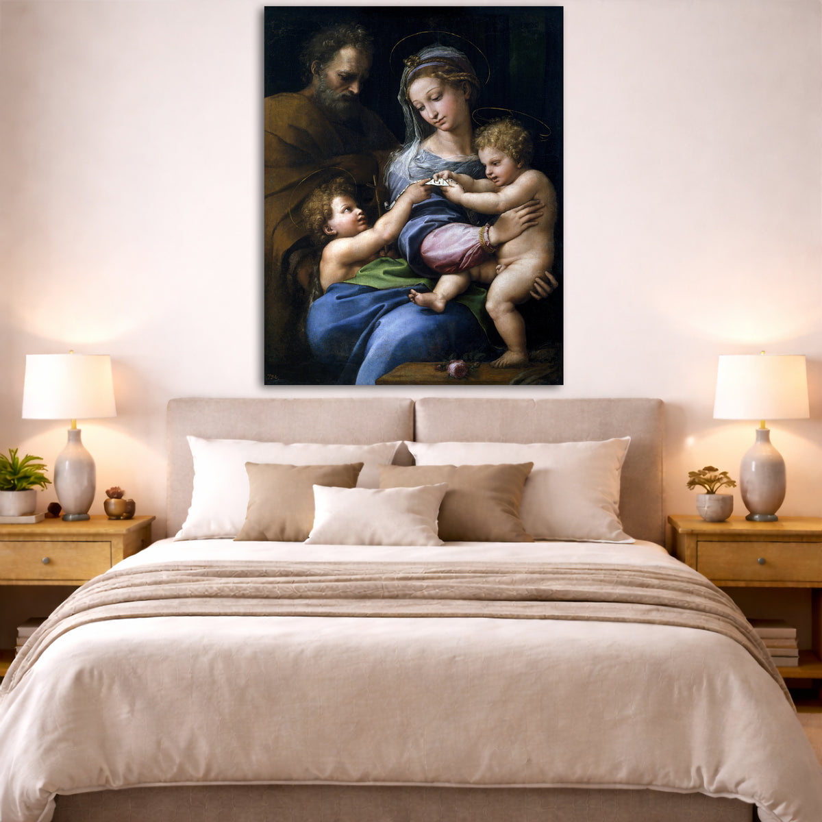 Raphael - Madonna of the Rose Giclée canvas print displayed above a bed in a bedroom interior