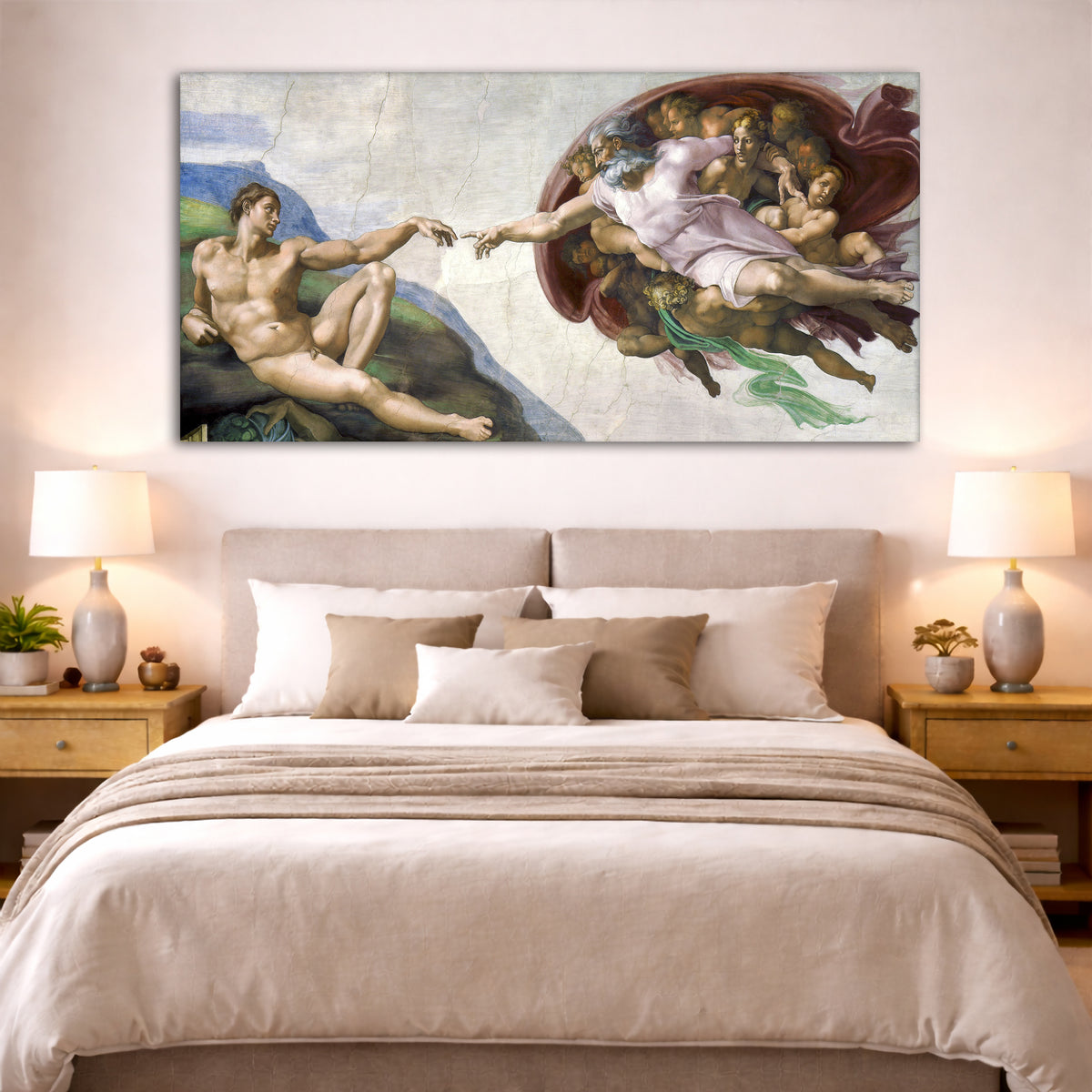 Michelangelo - Creation of Adam Giclée canvas print displayed above a bed in a bedroom interior