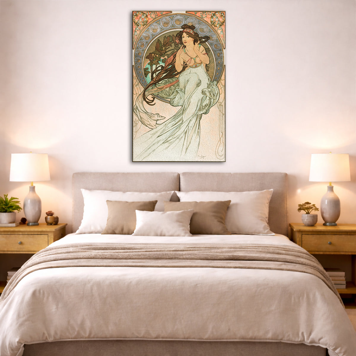 Alphonse Mucha - – Music Giclée canvas print displayed above a bed in a bedroom interior