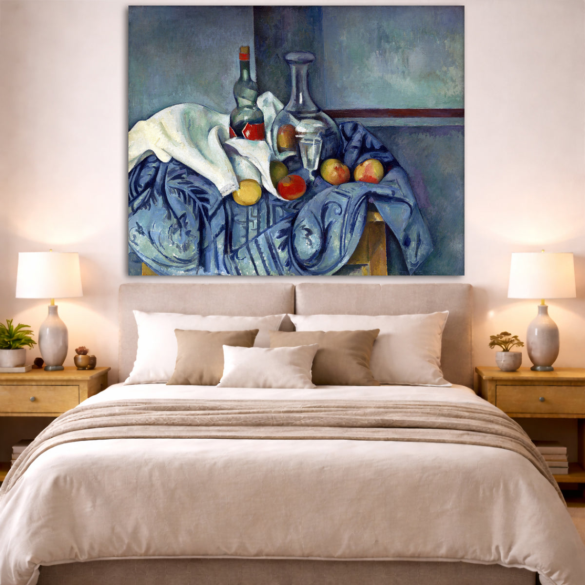 Paul Cézanne - The Peppermint Bottle Giclée canvas print displayed above a bed in a bedroom interior