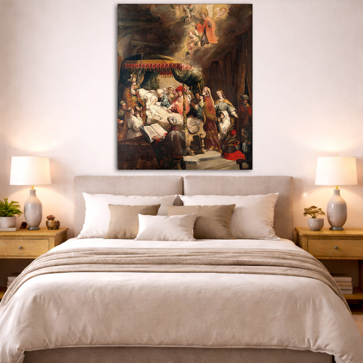 Rembrandt van Rijn - Death of the Virgin Giclée canvas print displayed above a bed in a bedroom interior