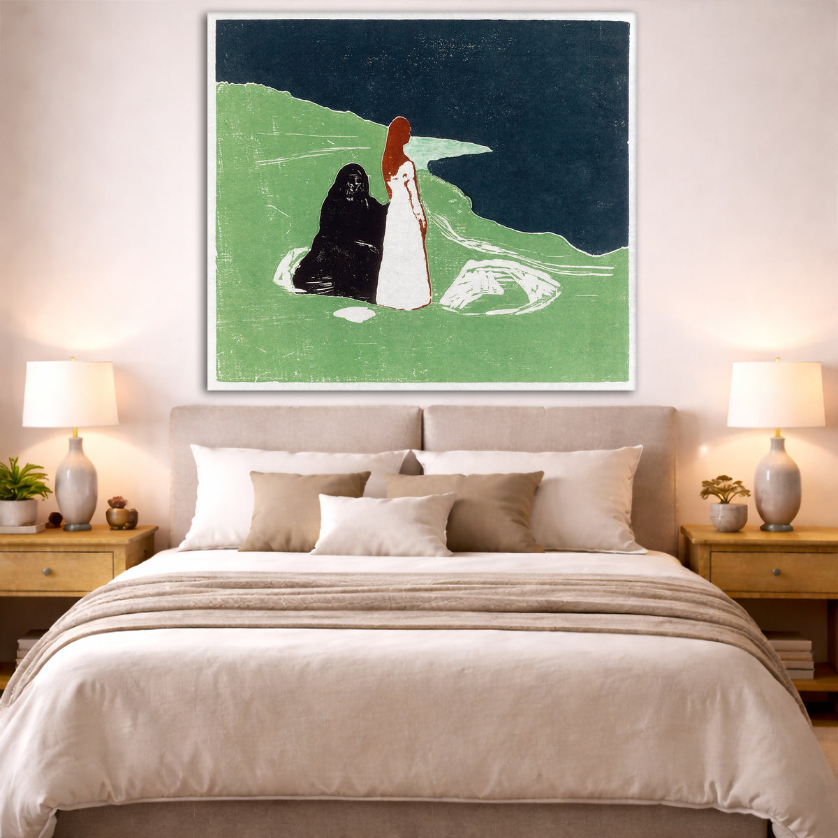 Edvard Munch - Two Women Green Shore Giclée canvas print displayed above a bed in a bedroom interior