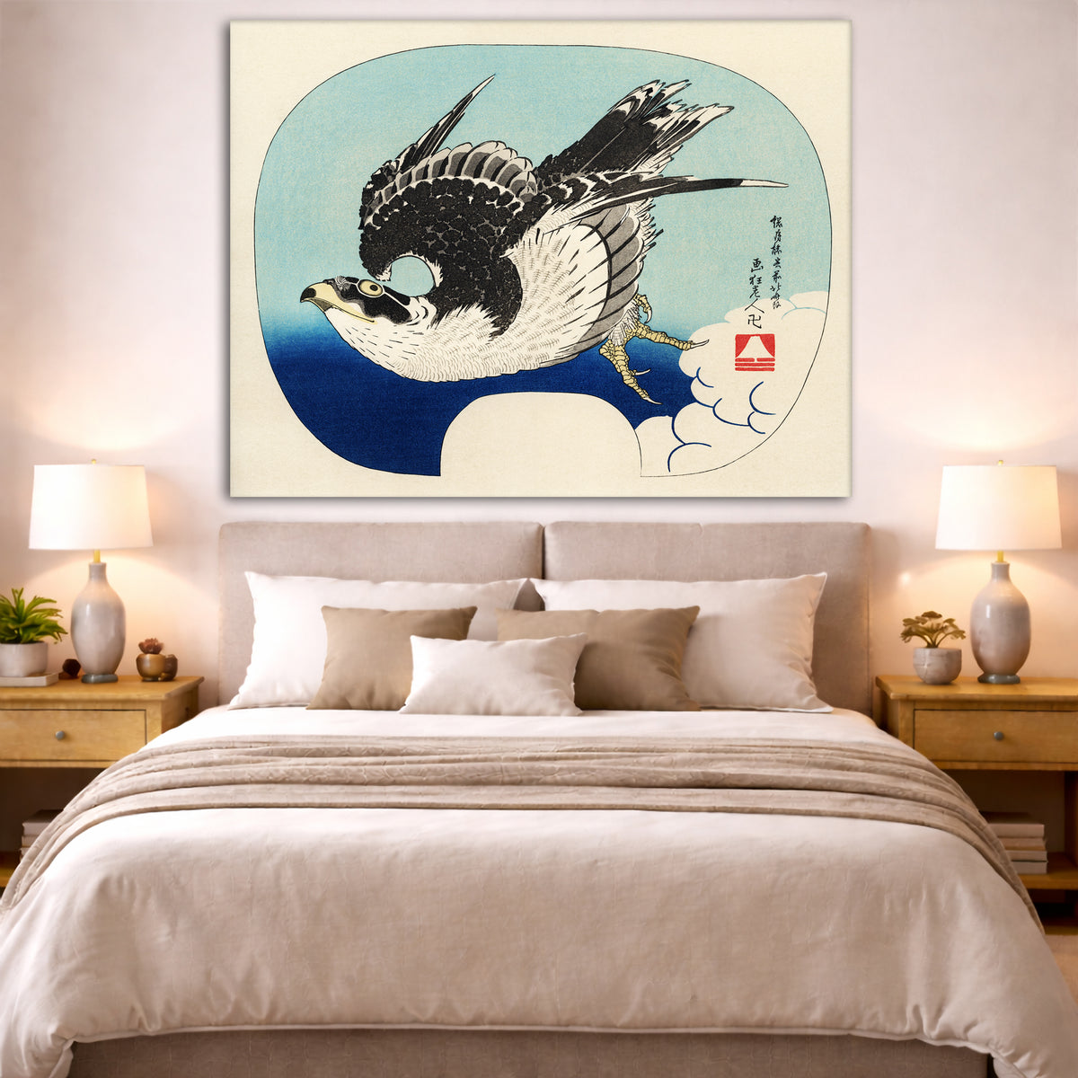 Katsushika Hokusai - Falcon Giclée canvas print displayed above a bed in a bedroom interior