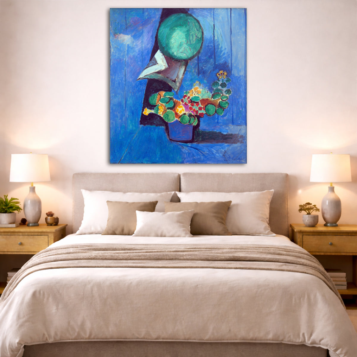 Henri Matisse - Flowers and Ceramic Giclée canvas print displayed above a bed in a bedroom interior
