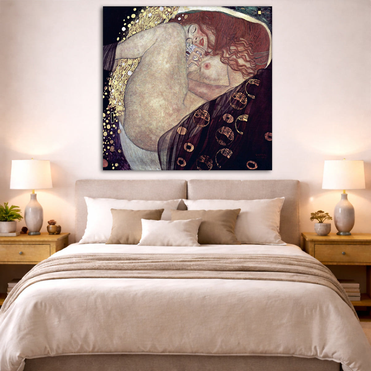 Gustav Klimt - Danae Giclée canvas print displayed above a bed in a bedroom interior