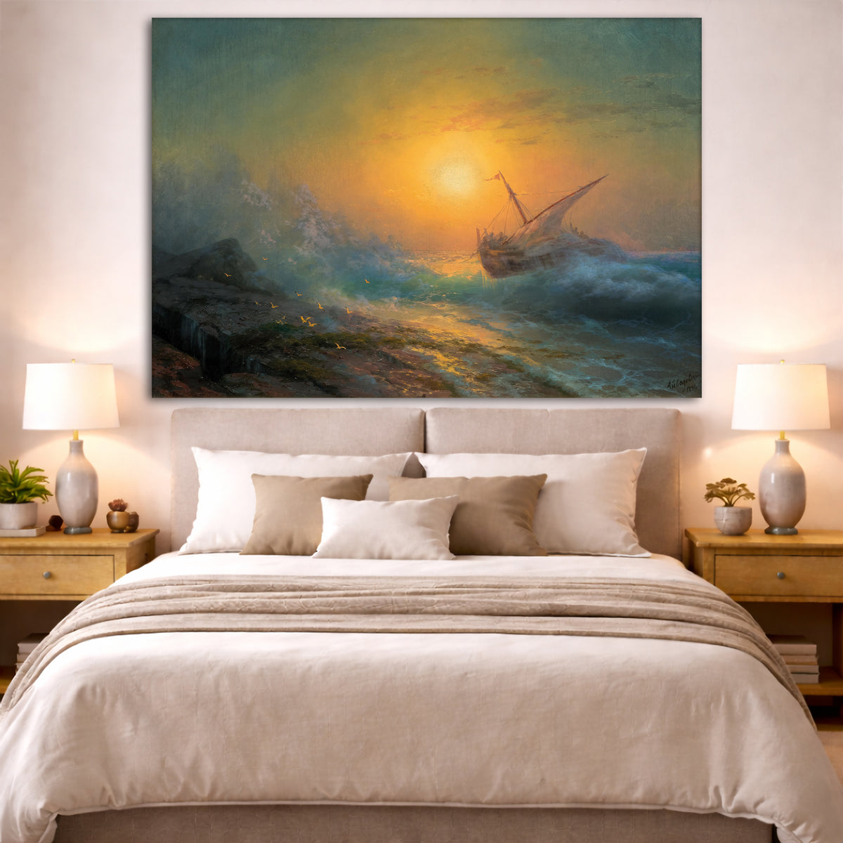 Ivan Aivazovsky - Stormy Sea at Sunset Giclée canvas print displayed above a bed in a bedroom interior