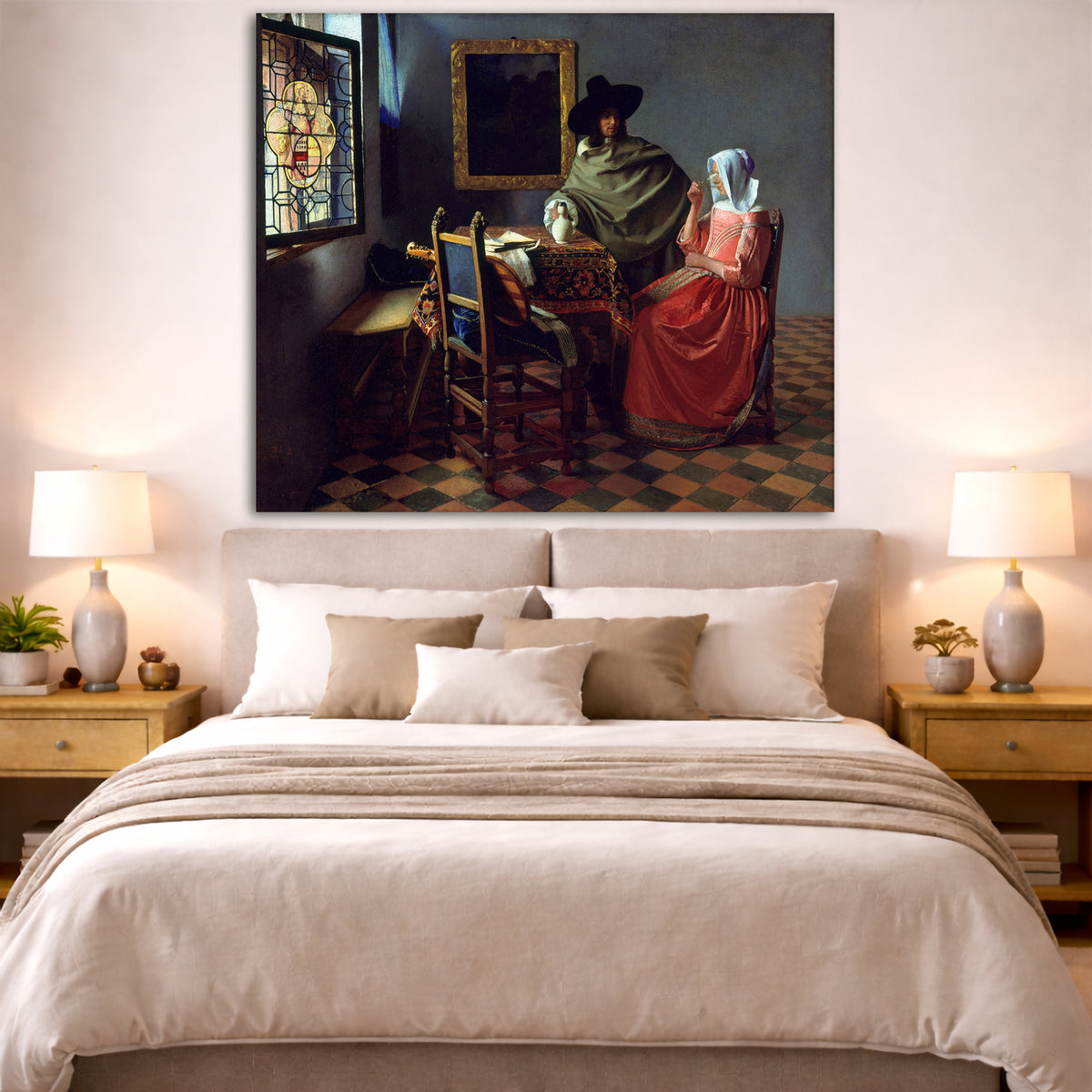 Jan Vermeer - The Wine Glass Giclée canvas print displayed above a bed in a bedroom interior