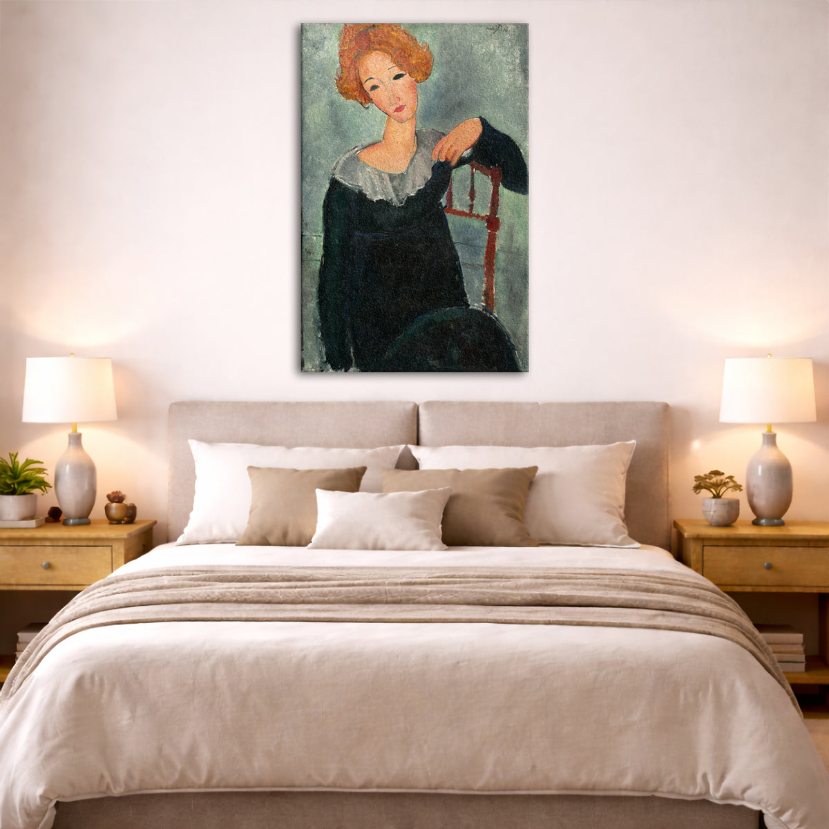 Amedeo Modigliani - Woman with Red Hair Giclée canvas print displayed above a bed in a bedroom interior