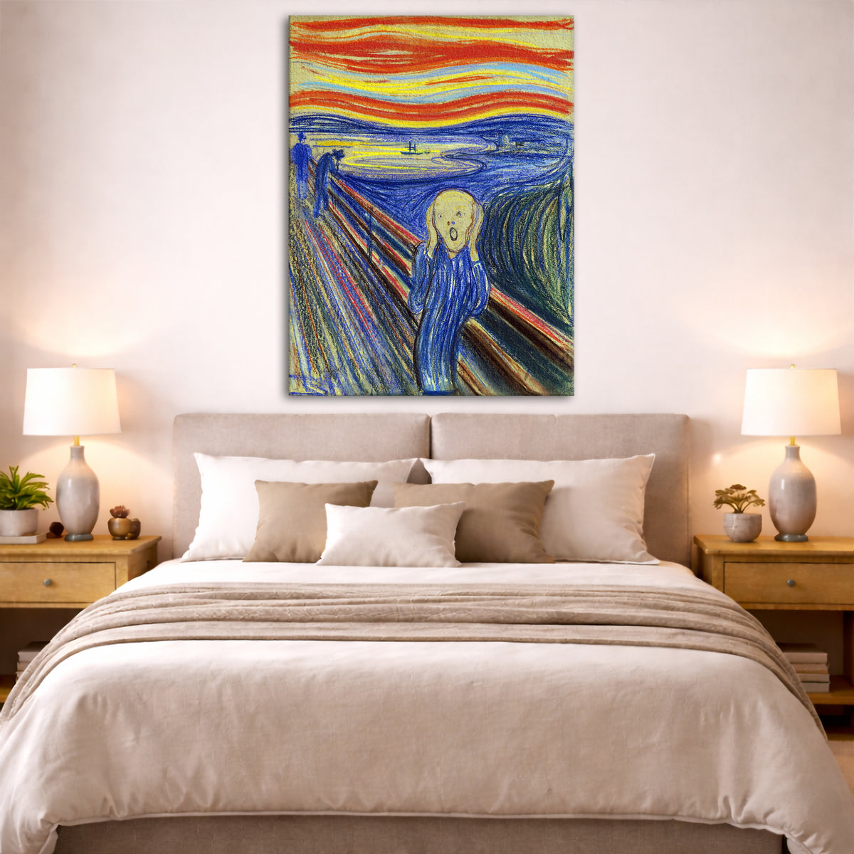 Edvard Munch - The Scream Pastel Giclée canvas print displayed above a bed in a bedroom interior
