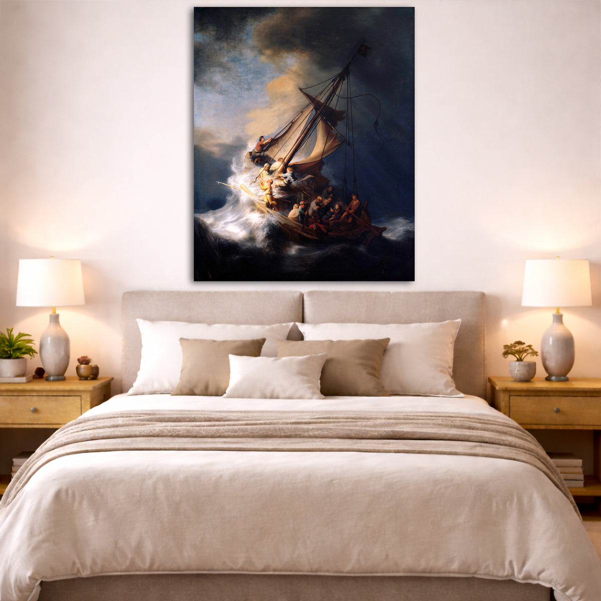 Rembrandt van Rijn - Storm on the Sea of Galilee Giclée canvas print displayed above a bed in a bedroom interior